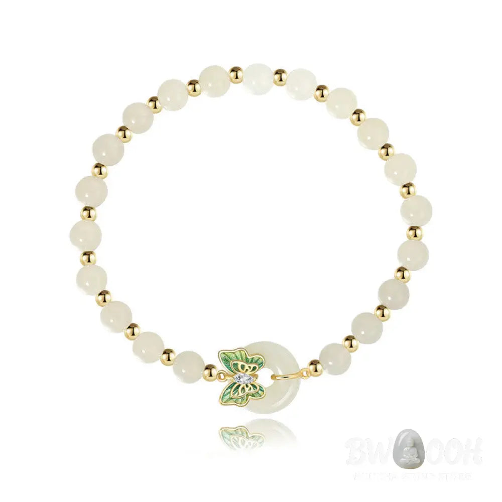 Buddha Stones 925 Sterling Silver Natural Hetian Jade Peace Buckle Butterfly Zircon Luck Bracelet Necklace Pendant