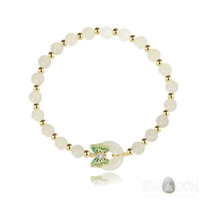 Buddha Stones 925 Sterling Silver Natural Hetian Jade Peace Buckle Butterfly Zircon Luck Bracelet Necklace Pendant
