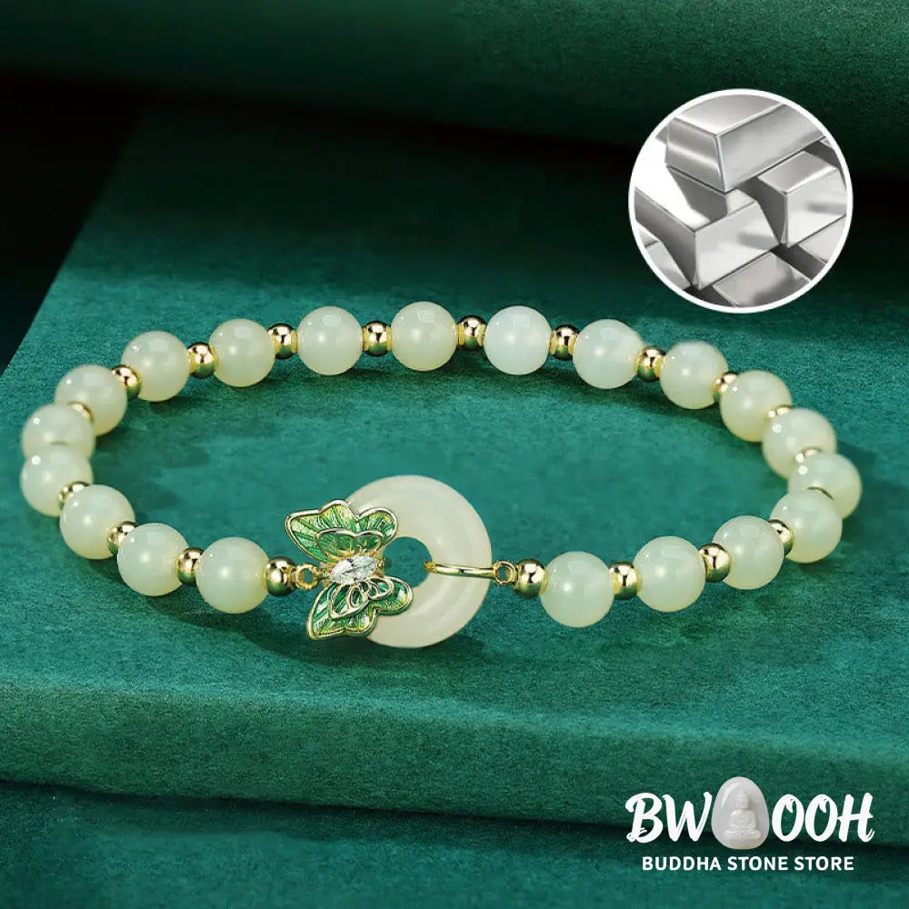 Buddha Stones 925 Sterling Silver Natural Hetian Jade Peace Buckle Butterfly Zircon Luck Bracelet Necklace Pendant