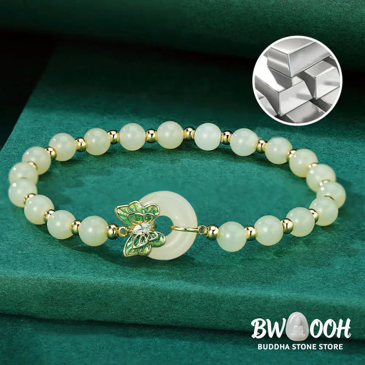 Buddha Stones 925 Sterling Silver Natural Hetian Jade Peace Buckle Butterfly Zircon Luck Bracelet Necklace Pendant
