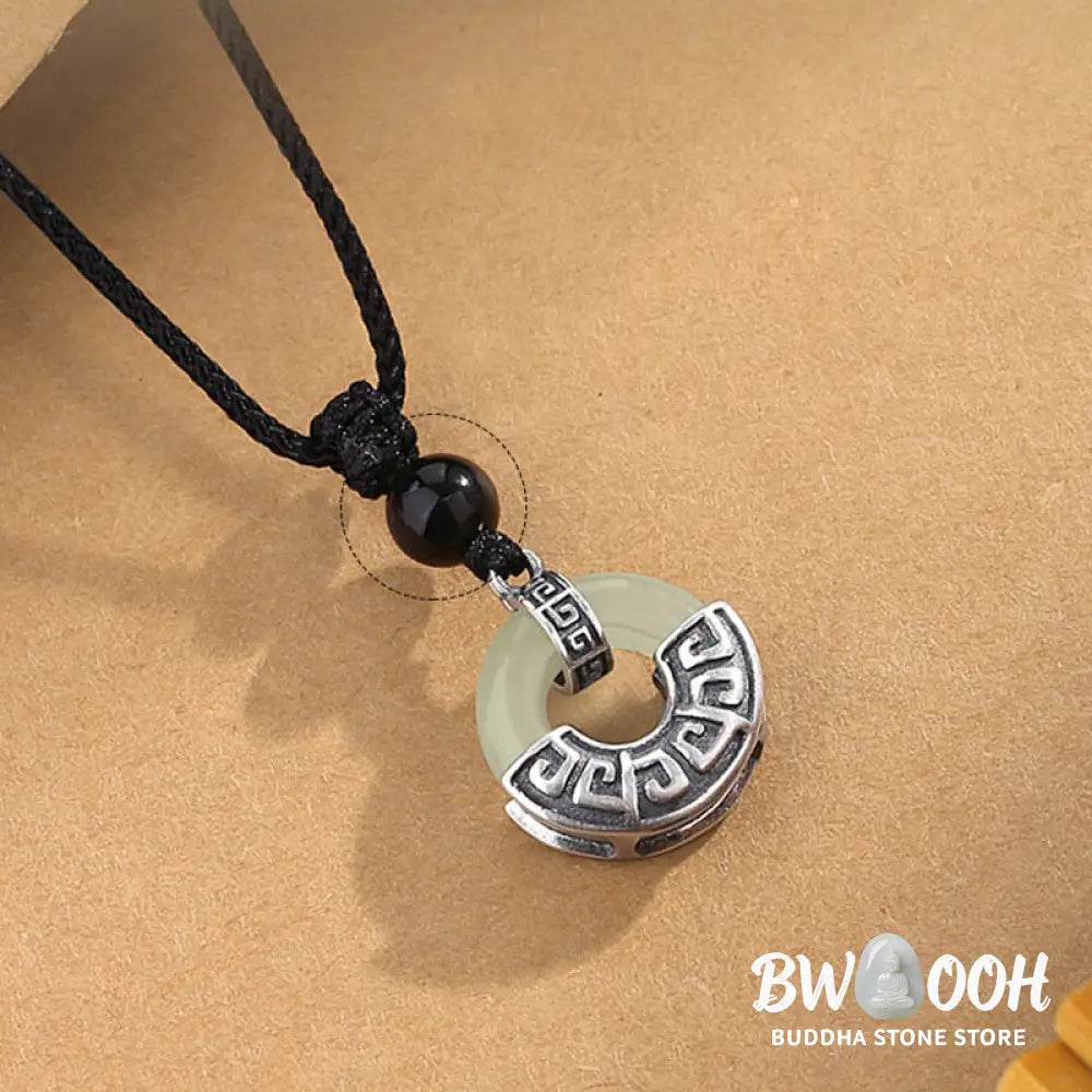 Buddha Stones 925 Sterling Silver Natural Hetian Jade Peace Buckle Prosperity Necklace Pendant - BWOOOH - Hetian