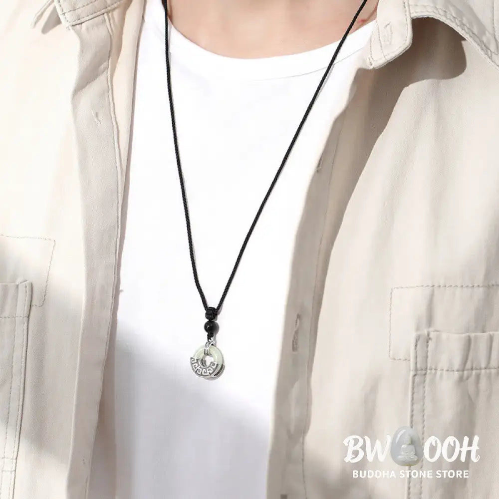 Buddha Stones 925 Sterling Silver Natural Hetian Jade Peace Buckle Prosperity Necklace Pendant - BWOOOH - Hetian