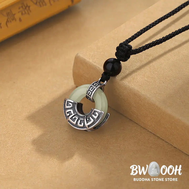 Buddha Stones 925 Sterling Silver Natural Hetian Jade Peace Buckle Prosperity Necklace Pendant - BWOOOH - Hetian
