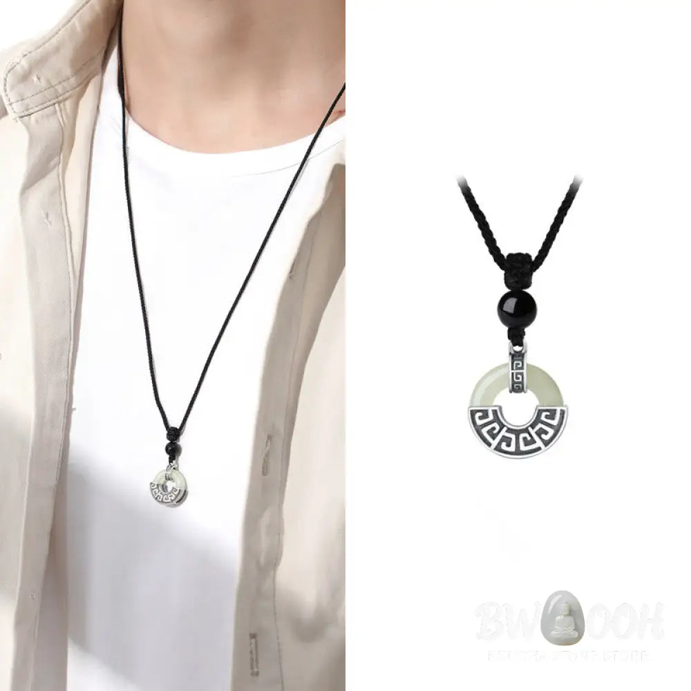 Buddha Stones 925 Sterling Silver Natural Hetian Jade Peace Buckle Prosperity Necklace Pendant - BWOOOH - Hetian