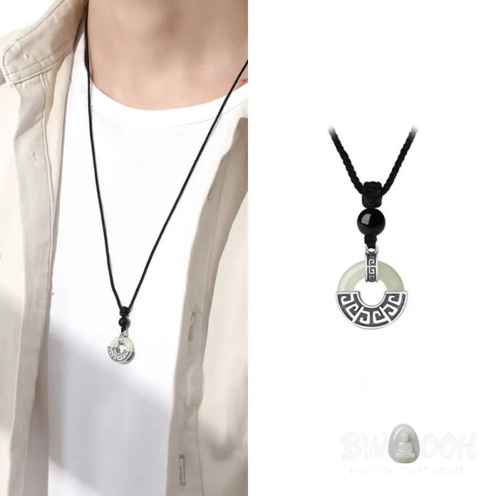 Buddha Stones 925 Sterling Silver Natural Hetian Jade Peace Buckle Prosperity Necklace Pendant - BWOOOH - Hetian