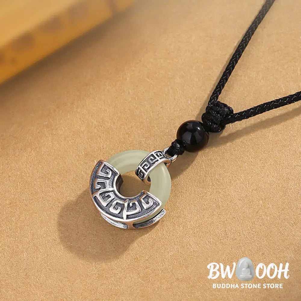 Buddha Stones 925 Sterling Silver Natural Hetian Jade Peace Buckle Prosperity Necklace Pendant - BWOOOH - Hetian