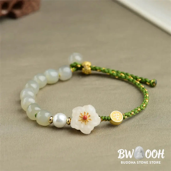 Buddha Stones 925 Sterling Silver Natural Hetian Jade Peach Blossom Luck Bracelet - BWOOOH - Hetian