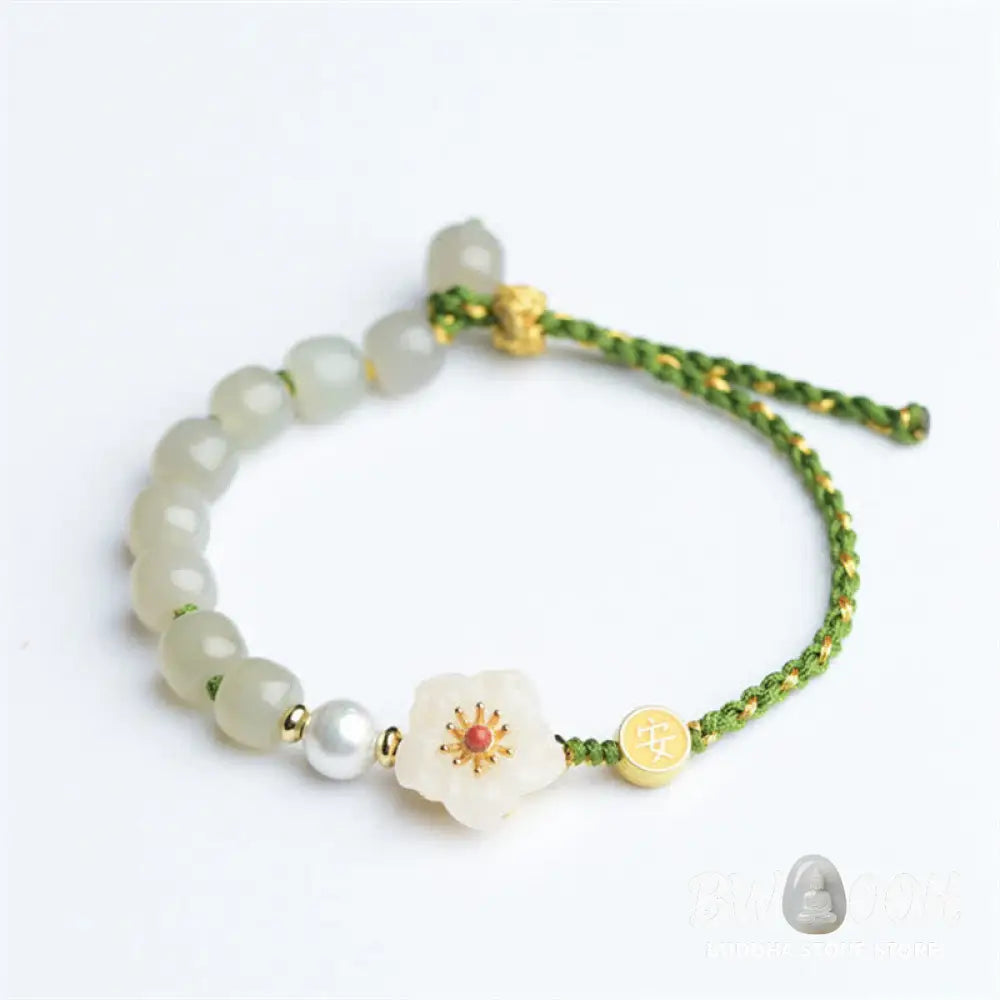 Buddha Stones 925 Sterling Silver Natural Hetian Jade Peach Blossom Luck Bracelet - BWOOOH - Hetian