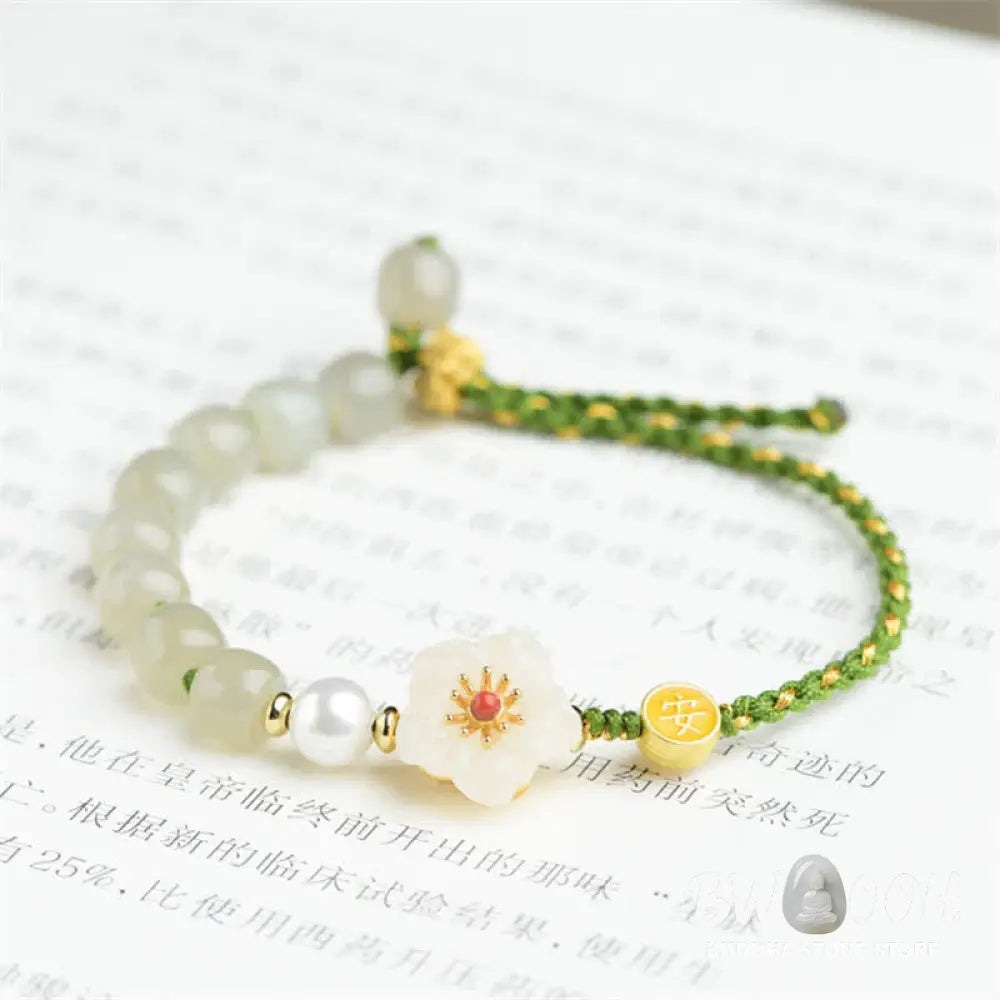 Buddha Stones 925 Sterling Silver Natural Hetian Jade Peach Blossom Luck Bracelet - BWOOOH - Hetian
