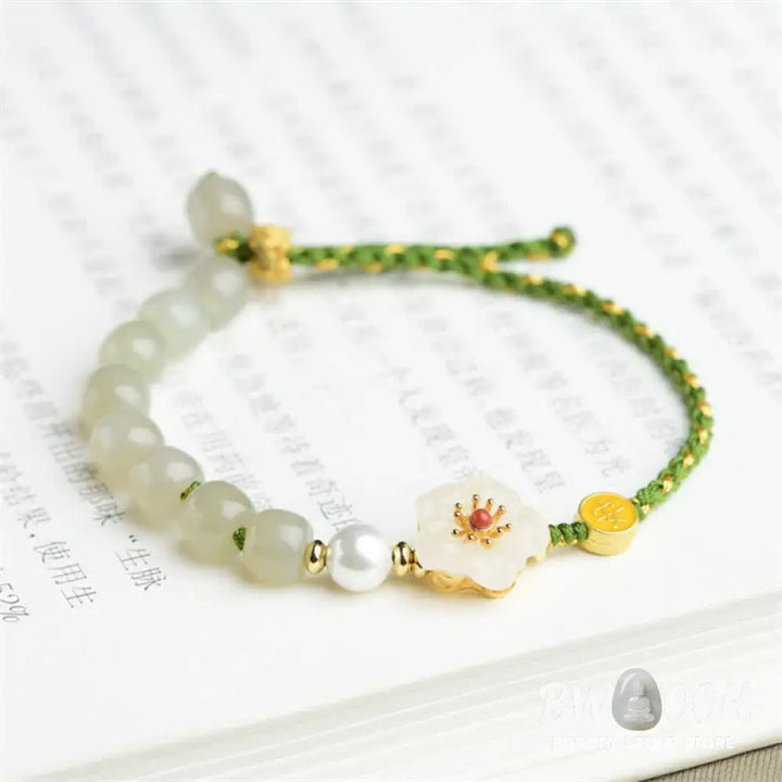 Buddha Stones 925 Sterling Silver Natural Hetian Jade Peach Blossom Luck Bracelet - BWOOOH - Hetian