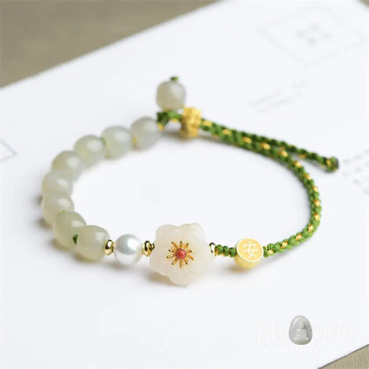 Buddha Stones 925 Sterling Silver Natural Hetian Jade Peach Blossom Luck Bracelet - BWOOOH - Hetian