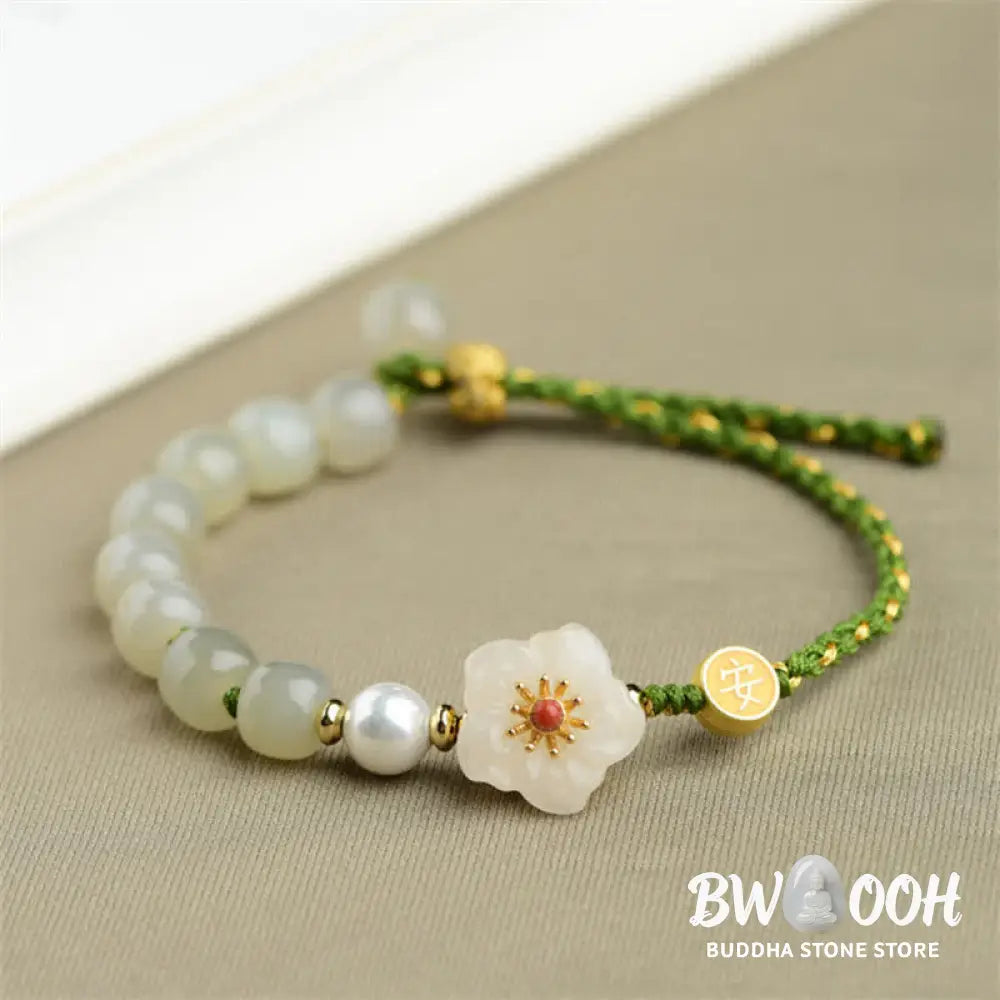 Buddha Stones 925 Sterling Silver Natural Hetian Jade Peach Blossom Luck Bracelet - BWOOOH - Hetian