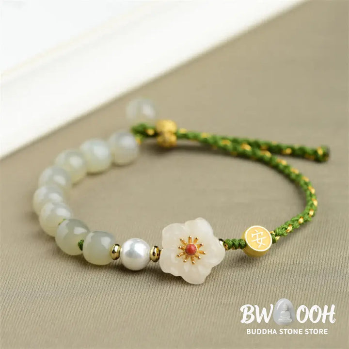 Buddha Stones 925 Sterling Silver Natural Hetian Jade Peach Blossom Luck Bracelet - BWOOOH - Hetian