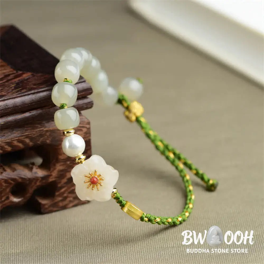 Buddha Stones 925 Sterling Silver Natural Hetian Jade Peach Blossom Luck Bracelet - BWOOOH - Hetian