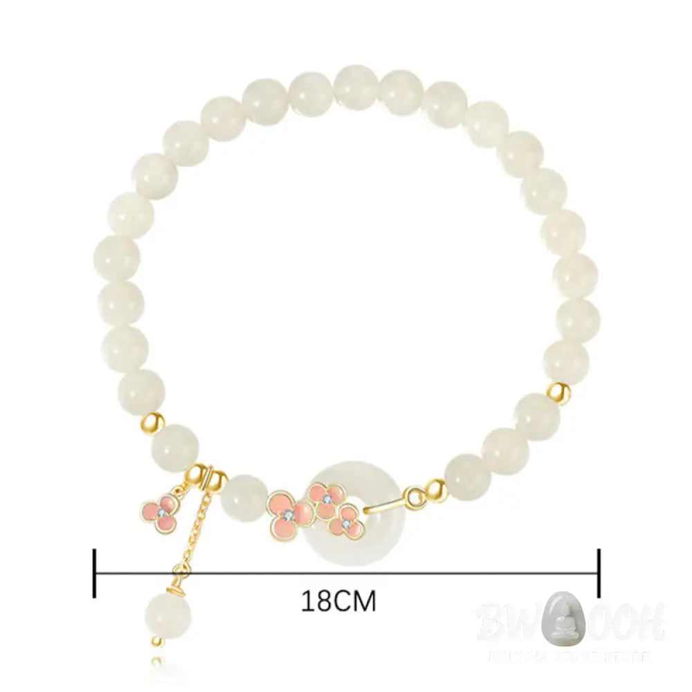 Buddha Stones 925 Sterling Silver Natural Hetian Jade Peach Blossom Peace Buckle Zircon Luck Bracelet Necklace Pendant