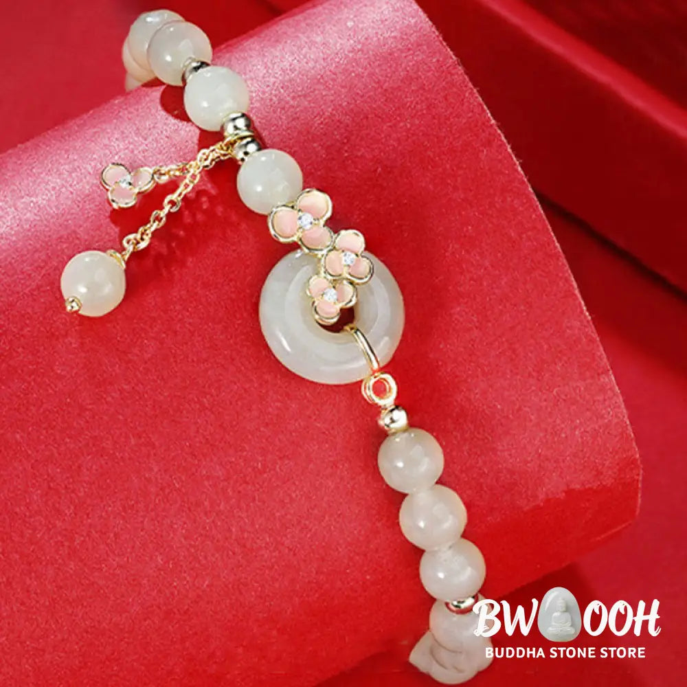 Buddha Stones 925 Sterling Silver Natural Hetian Jade Peach Blossom Peace Buckle Zircon Luck Bracelet Necklace Pendant