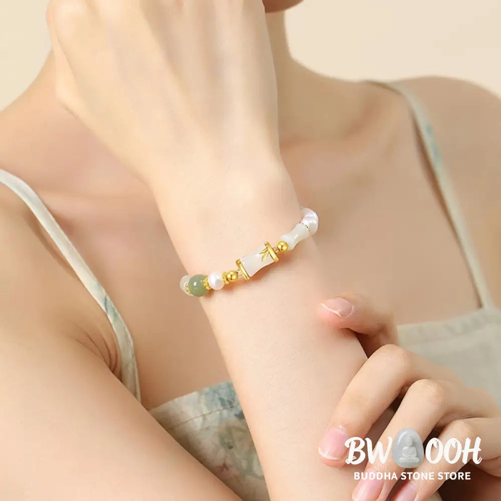 Buddha Stones 925 Sterling Silver Natural Hetian White Jade Bamboo Luck Blessing Bracelet - BWOOOH - Hetian White