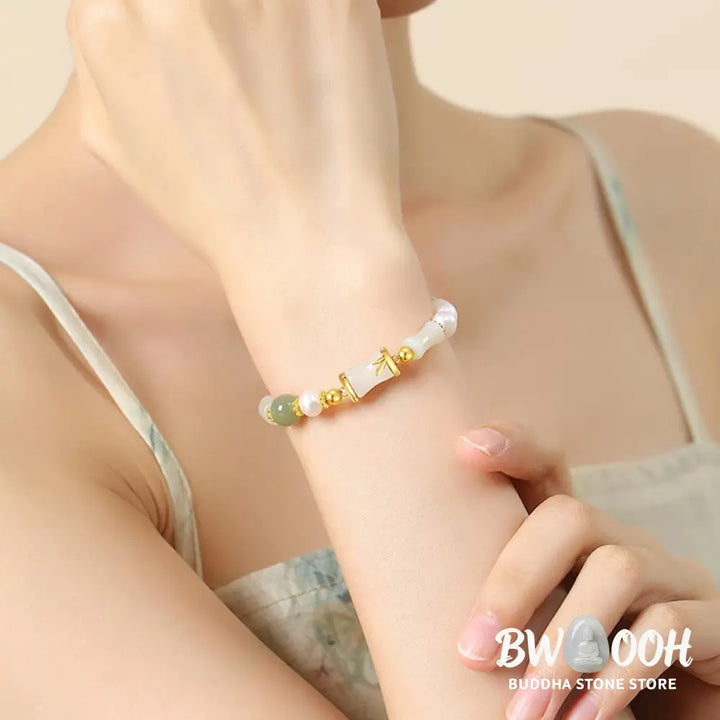 Buddha Stones 925 Sterling Silver Natural Hetian White Jade Bamboo Luck Blessing Bracelet - BWOOOH - Hetian White