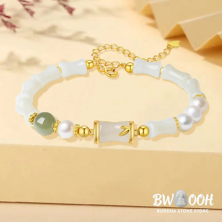 Buddha Stones 925 Sterling Silver Natural Hetian White Jade Bamboo Luck Blessing Bracelet - BWOOOH - Hetian White