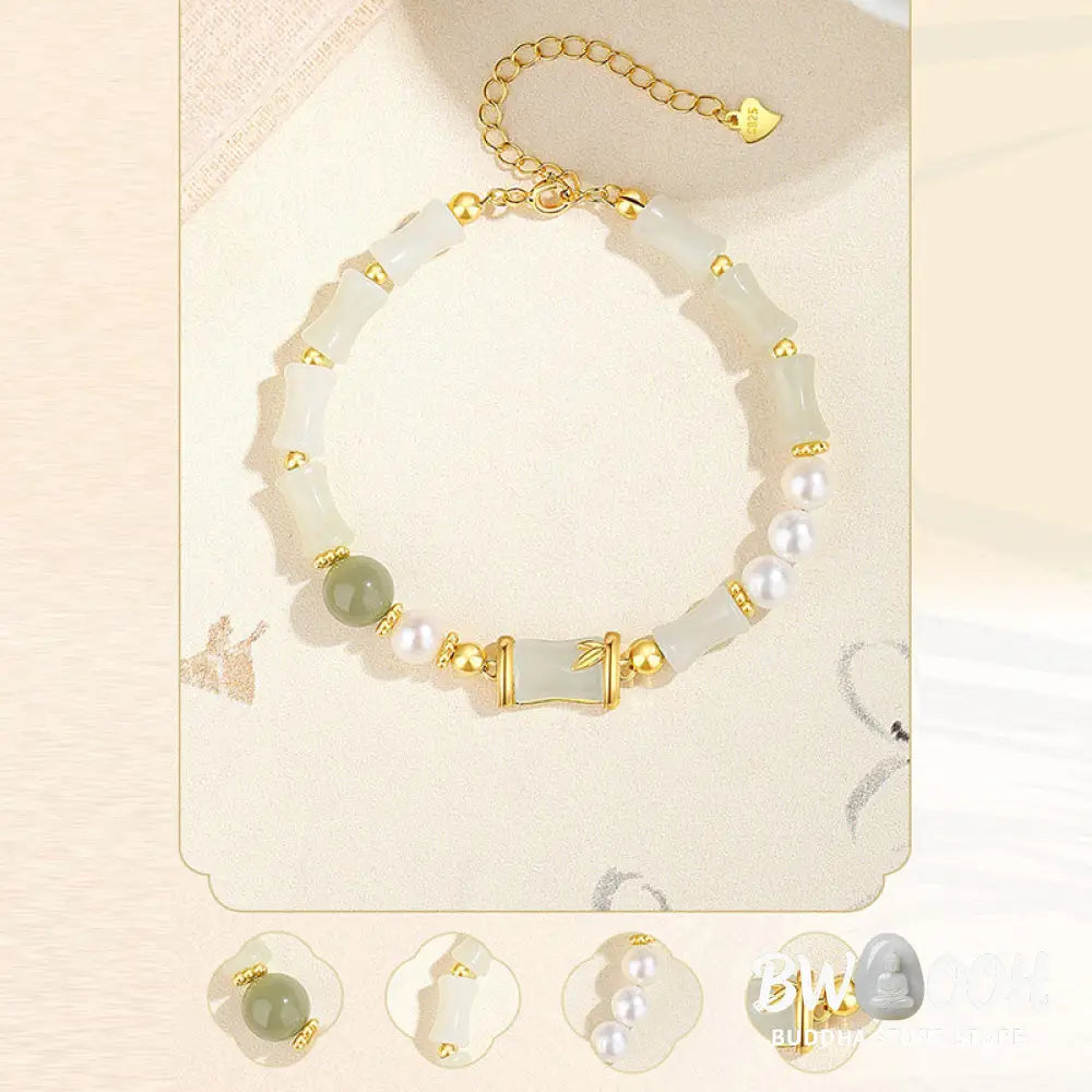 Buddha Stones 925 Sterling Silver Natural Hetian White Jade Bamboo Luck Blessing Bracelet - BWOOOH - Hetian White