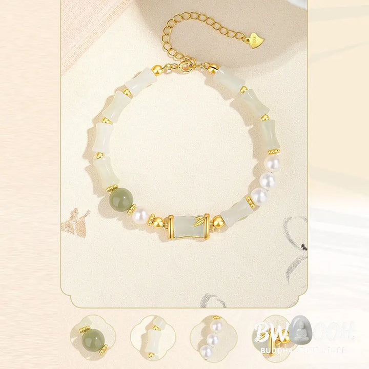 Buddha Stones 925 Sterling Silver Natural Hetian White Jade Bamboo Luck Blessing Bracelet - BWOOOH - Hetian White