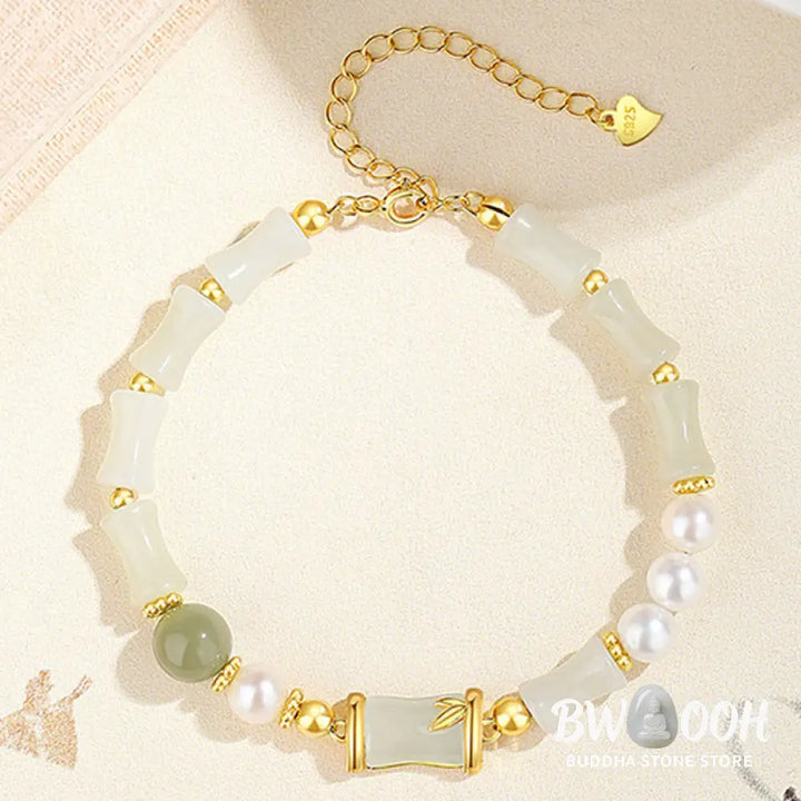 Buddha Stones 925 Sterling Silver Natural Hetian White Jade Bamboo Luck Blessing Bracelet - BWOOOH - Hetian White