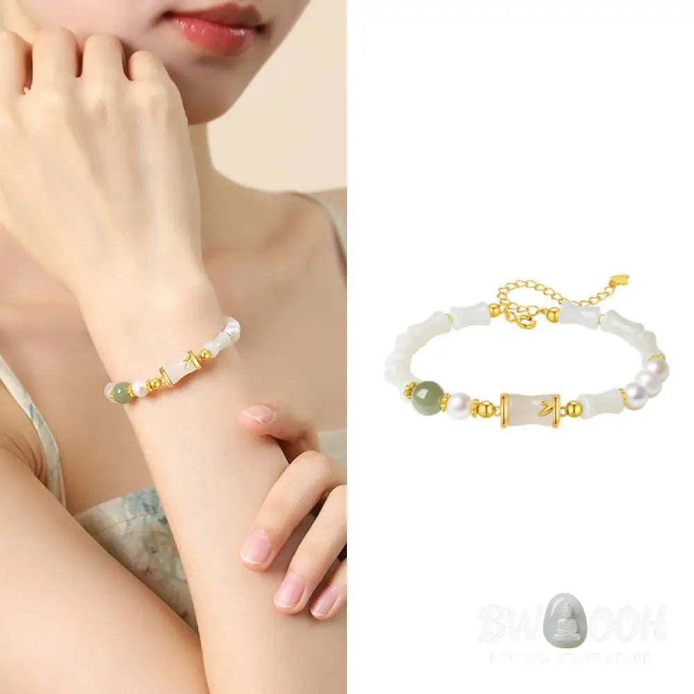 Buddha Stones 925 Sterling Silver Natural Hetian White Jade Bamboo Luck Blessing Bracelet - BWOOOH - Hetian White