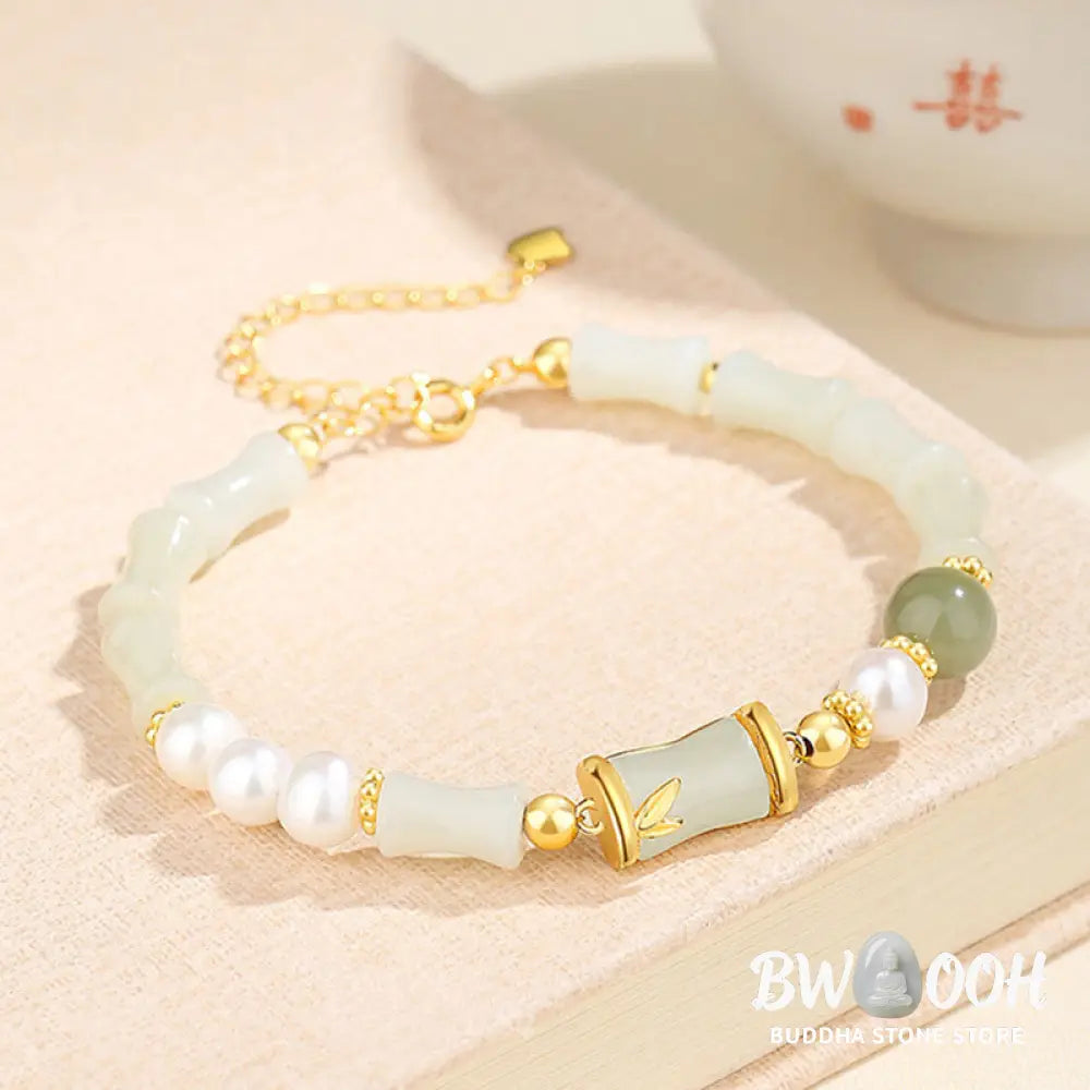 Buddha Stones 925 Sterling Silver Natural Hetian White Jade Bamboo Luck Blessing Bracelet - BWOOOH - Hetian White