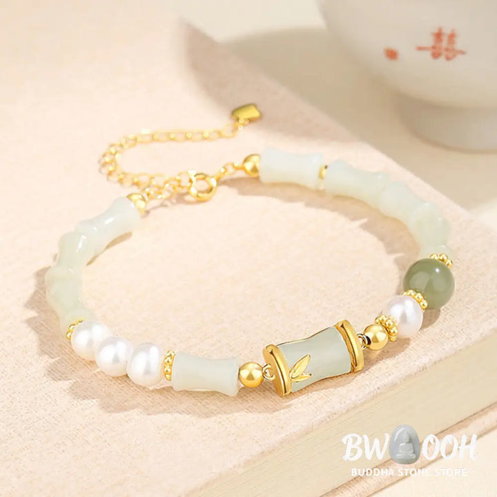Buddha Stones 925 Sterling Silver Natural Hetian White Jade Bamboo Luck Blessing Bracelet - BWOOOH - Hetian White