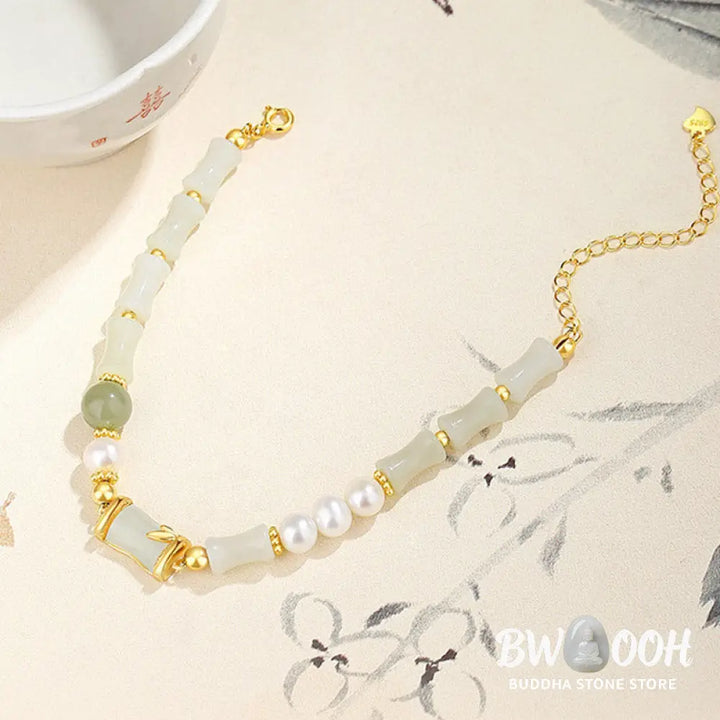 Buddha Stones 925 Sterling Silver Natural Hetian White Jade Bamboo Luck Blessing Bracelet - BWOOOH - Hetian White