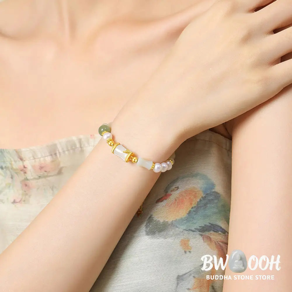 Buddha Stones 925 Sterling Silver Natural Hetian White Jade Bamboo Luck Blessing Bracelet - BWOOOH - Hetian White
