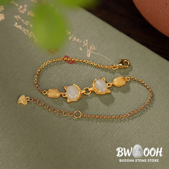 Buddha Stones 925 Sterling Silver Natural Hetian White Jade Cyan Jade Lovely Fox Luck Bracelet - BWOOOH - Bracelet