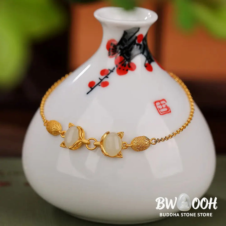 Buddha Stones 925 Sterling Silver Natural Hetian White Jade Cyan Jade Lovely Fox Luck Bracelet - BWOOOH - Bracelet