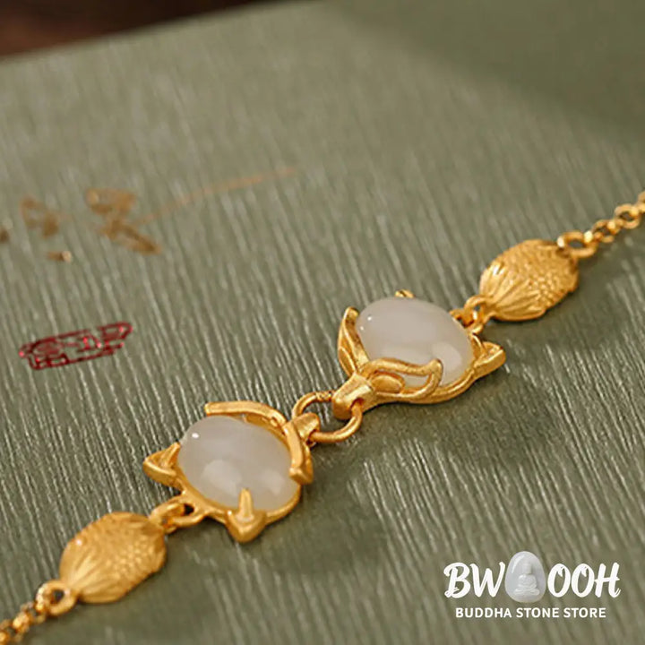 Buddha Stones 925 Sterling Silver Natural Hetian White Jade Cyan Jade Lovely Fox Luck Bracelet - BWOOOH - Bracelet