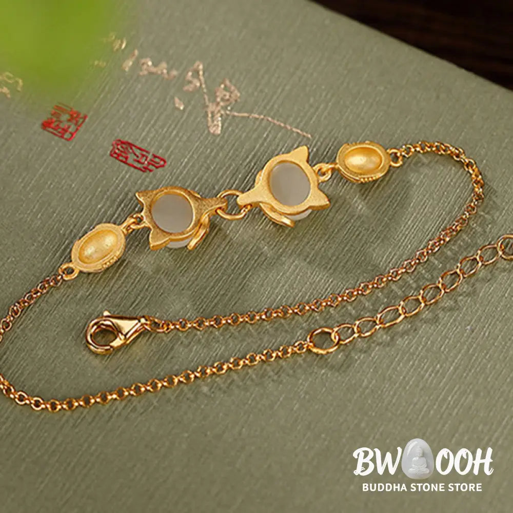 Buddha Stones 925 Sterling Silver Natural Hetian White Jade Cyan Jade Lovely Fox Luck Bracelet - BWOOOH - Bracelet