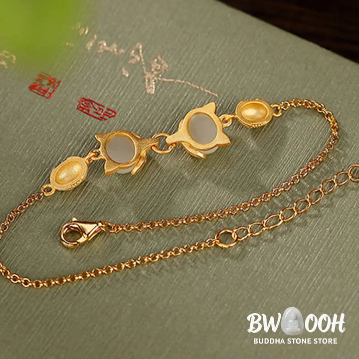 Buddha Stones 925 Sterling Silver Natural Hetian White Jade Cyan Jade Lovely Fox Luck Bracelet - BWOOOH - Bracelet