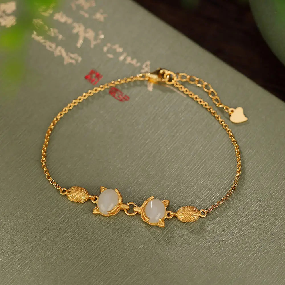 Buddha Stones 925 Sterling Silver Natural Hetian White Jade Cyan Jade Lovely Fox Luck Bracelet - BWOOOH - White