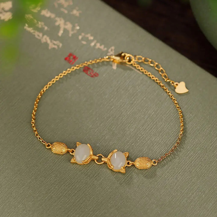 Buddha Stones 925 Sterling Silver Natural Hetian White Jade Cyan Jade Lovely Fox Luck Bracelet - BWOOOH - White