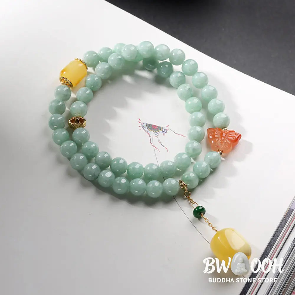 Buddha Stones 925 Sterling Silver Natural Jade Amber Butterfly Luck Abundance Bracelet - BWOOOH - Jade (Prosperity ♥