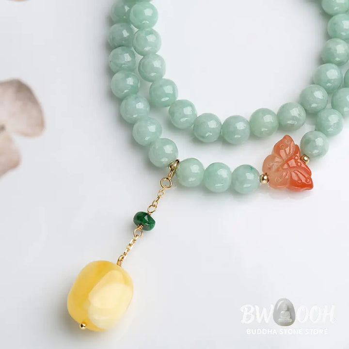 Buddha Stones 925 Sterling Silver Natural Jade Amber Butterfly Luck Abundance Bracelet - BWOOOH - Jade (Prosperity ♥