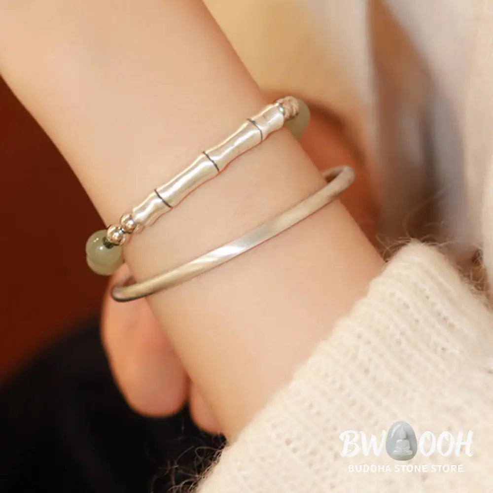 Buddha Stones 925 Sterling Silver Natural Jade Fu Character Bamboo Abundance Bracelet - BWOOOH - Jade(Wrist