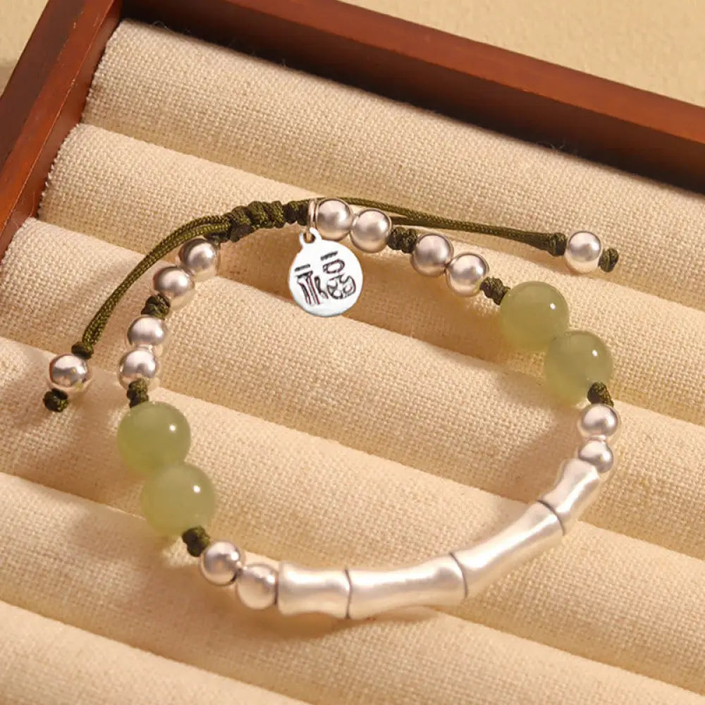 BWOOOH 925 Sterling Silver Natural Jade Fu Character Bamboo Abundance Bracelet - BWOOOH - Jade(Wrist