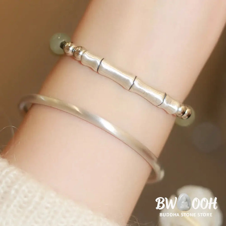 Buddha Stones 925 Sterling Silver Natural Jade Fu Character Bamboo Abundance Bracelet - BWOOOH - Jade(Wrist