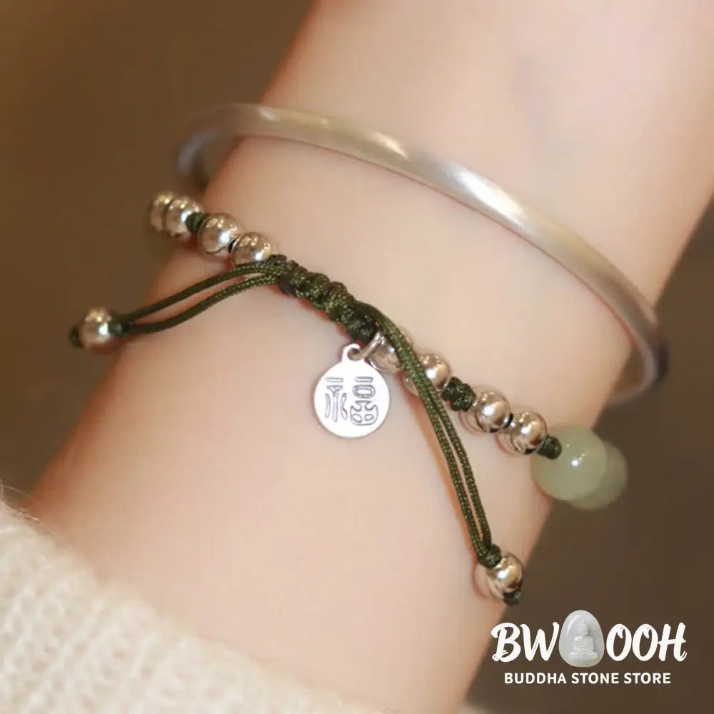 Buddha Stones 925 Sterling Silver Natural Jade Fu Character Bamboo Abundance Bracelet - BWOOOH - Jade(Wrist