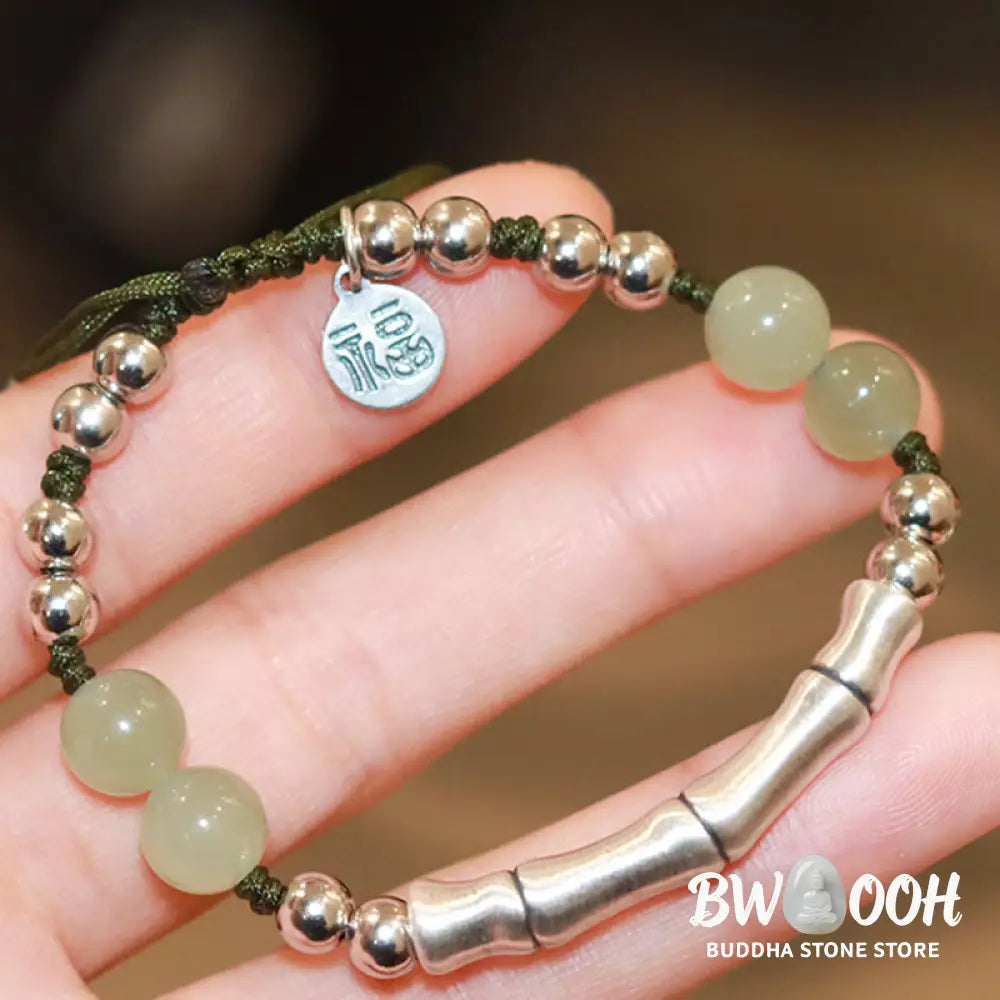 Buddha Stones 925 Sterling Silver Natural Jade Fu Character Bamboo Abundance Bracelet - BWOOOH - Jade(Wrist