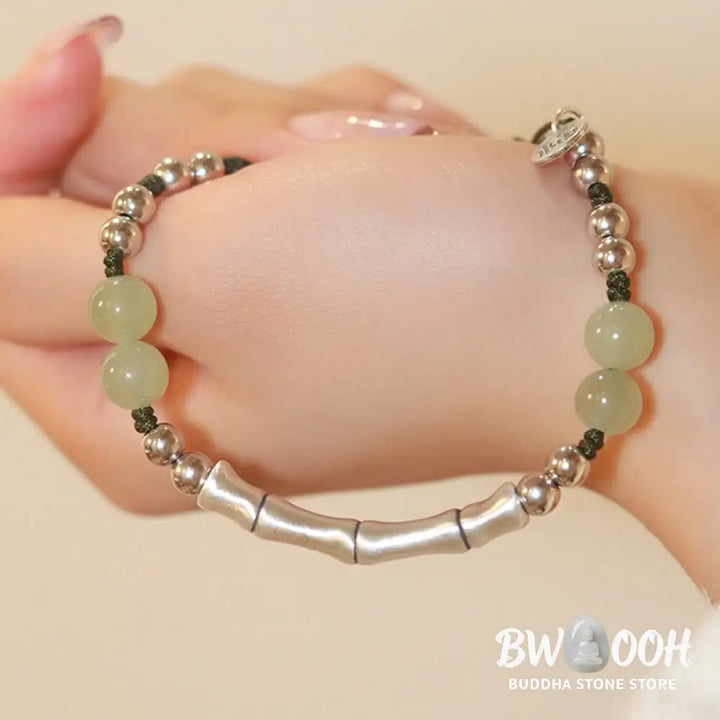 Buddha Stones 925 Sterling Silver Natural Jade Fu Character Bamboo Abundance Bracelet - BWOOOH - Jade(Wrist
