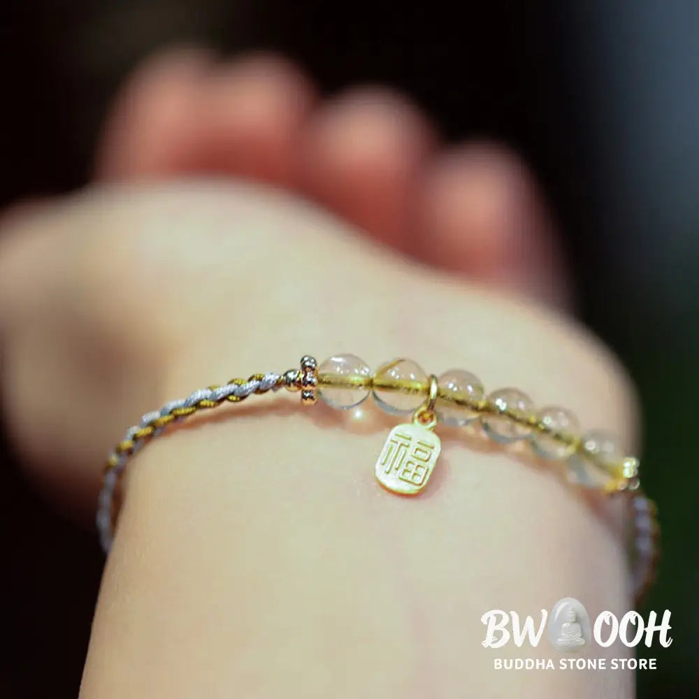 BWOOOH 925 Sterling Silver Natural Jade Gourd Rutilated Quartz Fu Character Luck Braid  | spiritual healing bracelet