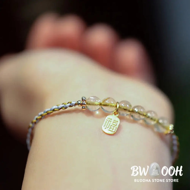 BWOOOH 925 Sterling Silver Natural Jade Gourd Rutilated Quartz Fu Character Luck Braid  | spiritual healing bracelet
