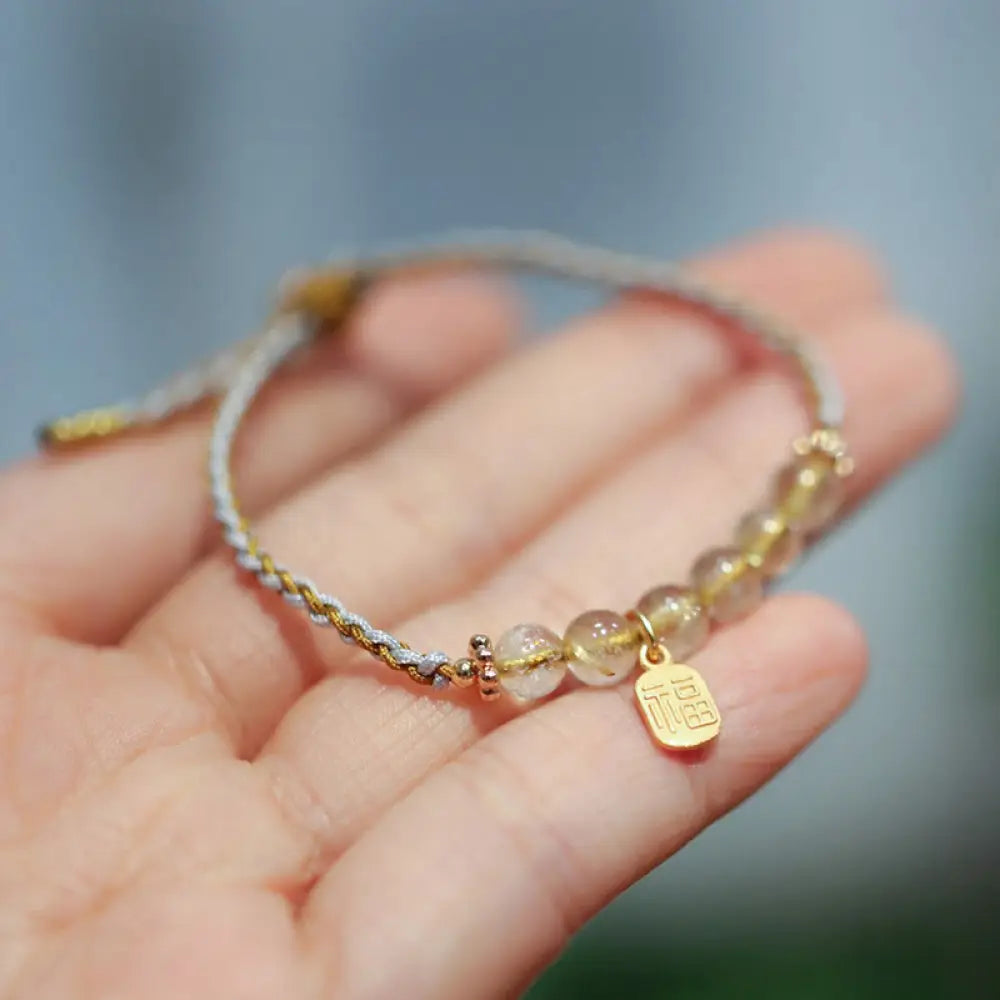 BWOOOH 925 Sterling Silver Natural Jade Gourd Rutilated Quartz Fu Character Luck Braid Bracelet - Golden