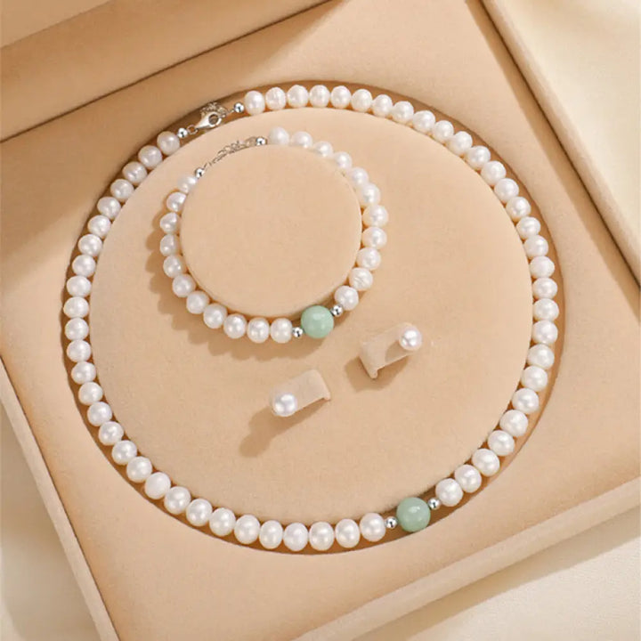 BWOOOH 925 Sterling Silver Natural Pearl Jade Healing Necklace Bracelet Earrings Set